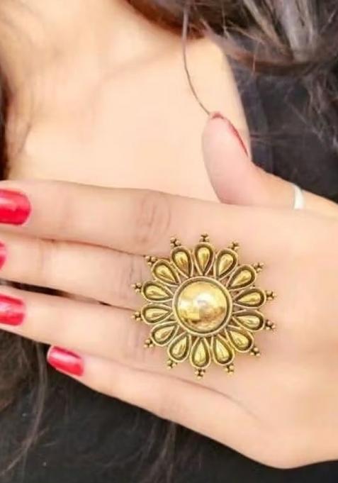 Golden Finish Small Drop Design Adjustable Ring For Women