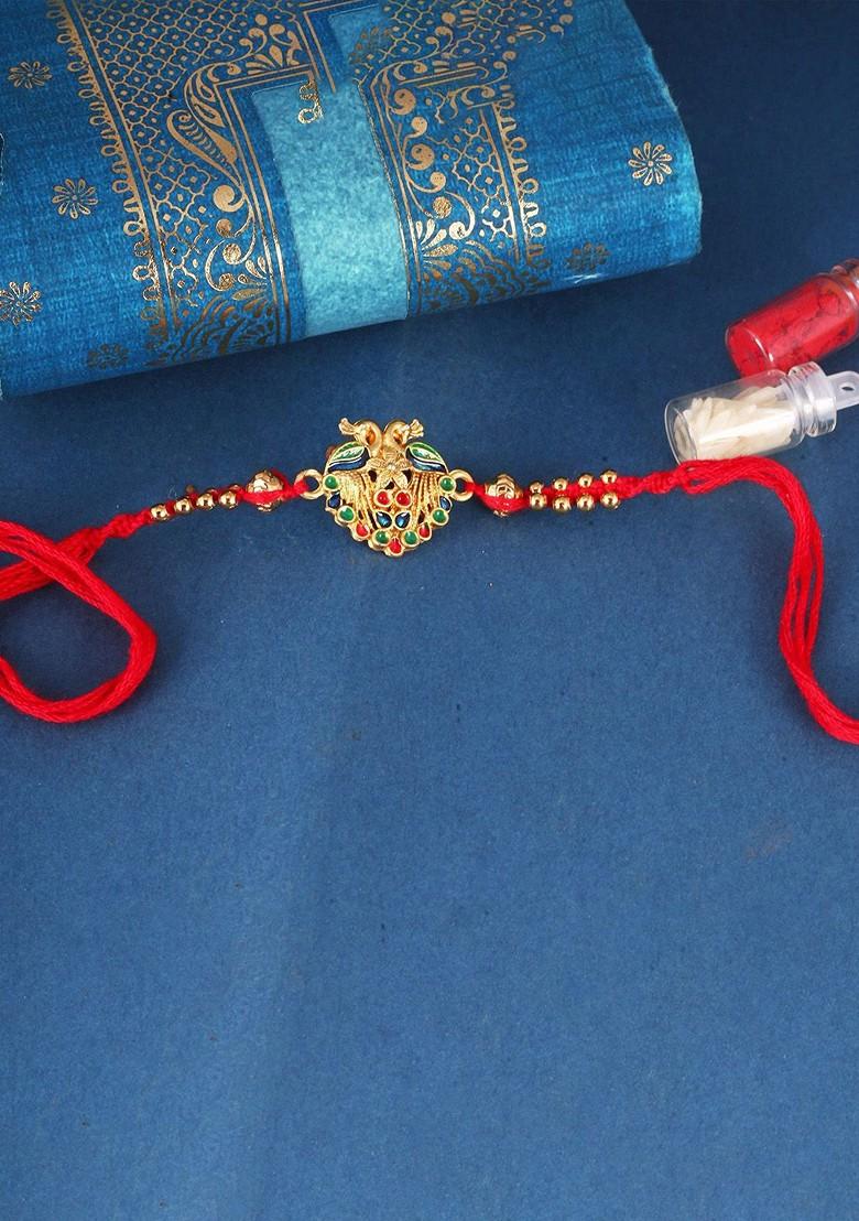 Red Gold And Rhodium Plated Peacock Beaded Thread Beaded Rakhi For Women