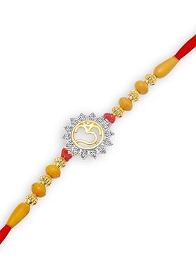 Gold And Rhodium Plated Cz Studded And Beaded Sun Shine Om Rakhi For Women
