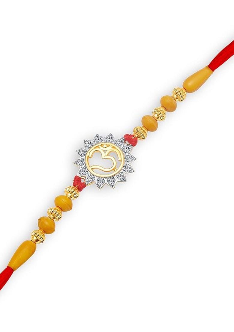 Gold And Rhodium Plated Cz Studded And Beaded Sun Shine Om Rakhi For Women