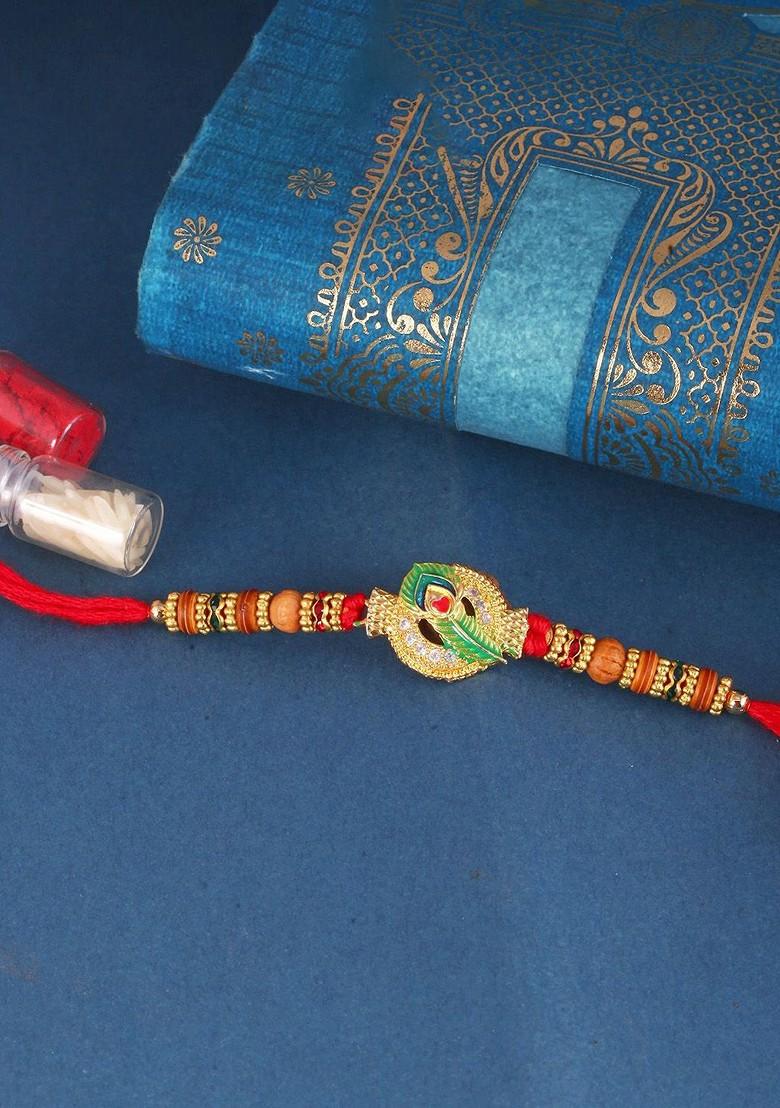 Red Kids Set Of 3 Gold And Rhodium Plated Fancy Pearls Rudraksha Thread Rakhis