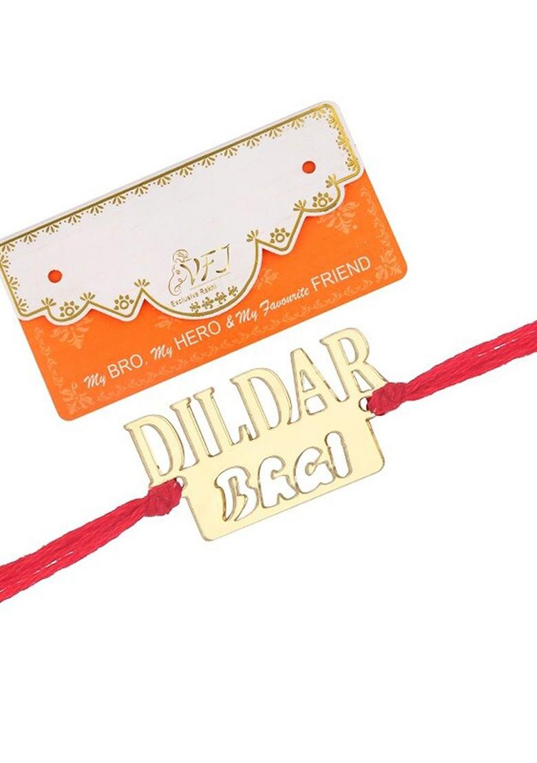 Gold Mens  Dildar Bhai Design Fancy Rakhi With Greeting Card