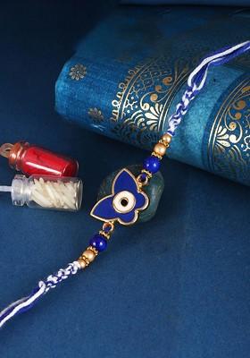 Blue Mens  Gold And Rhodium Plated Buterfly Thread Rakhi