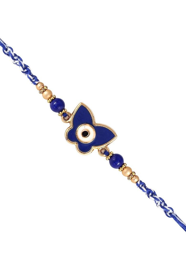 Blue Mens  Gold And Rhodium Plated Buterfly Thread Rakhi