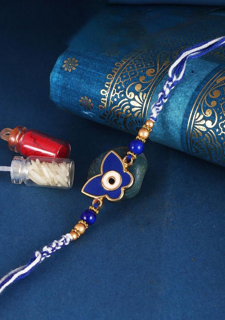 Blue Mens  Gold And Rhodium Plated Buterfly Thread Rakhi