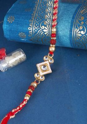 Red Mens  Gold And Rhodium Plated Cz Stone Studded Thread Rakhi