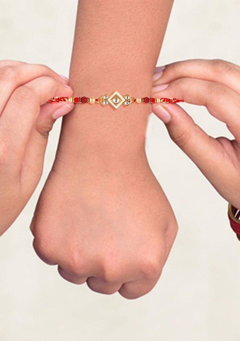 Red Mens  Gold And Rhodium Plated Cz Stone Studded Thread Rakhi