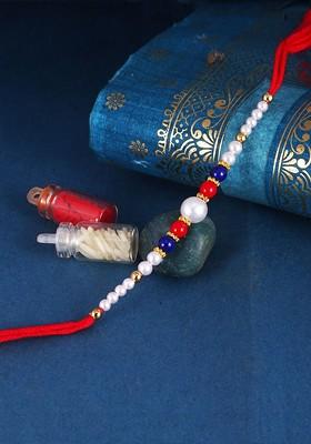 Red Kids Set Of 3 Gold And Rhodium Plated Pearls Beaded And Rudraksha Thread Rakhis