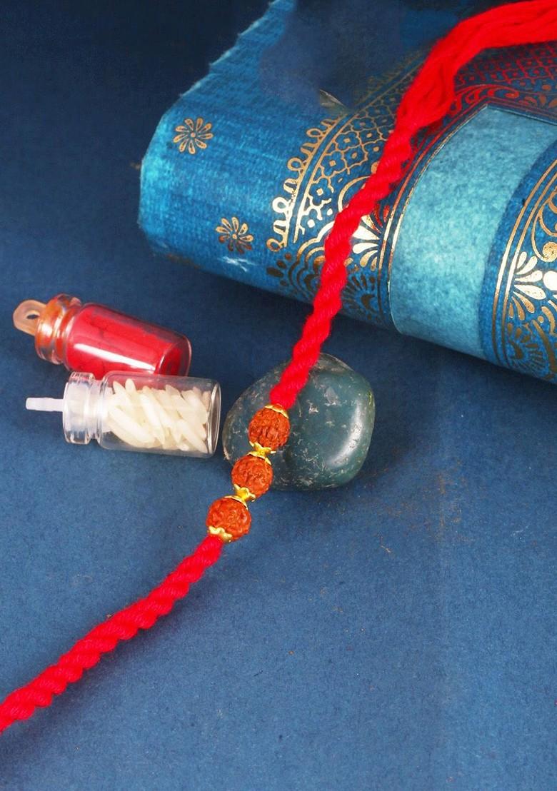 Red Kids Set Of 3 Gold And Rhodium Plated Pearls Beaded And Rudraksha Thread Rakhis