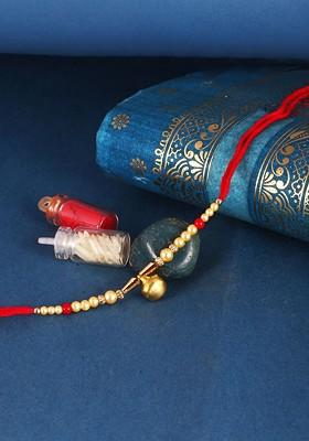 Red Kids Set Of 3 Gold And Rhodium Plated Fancy Pearls Rudraksha Thread Rakhis