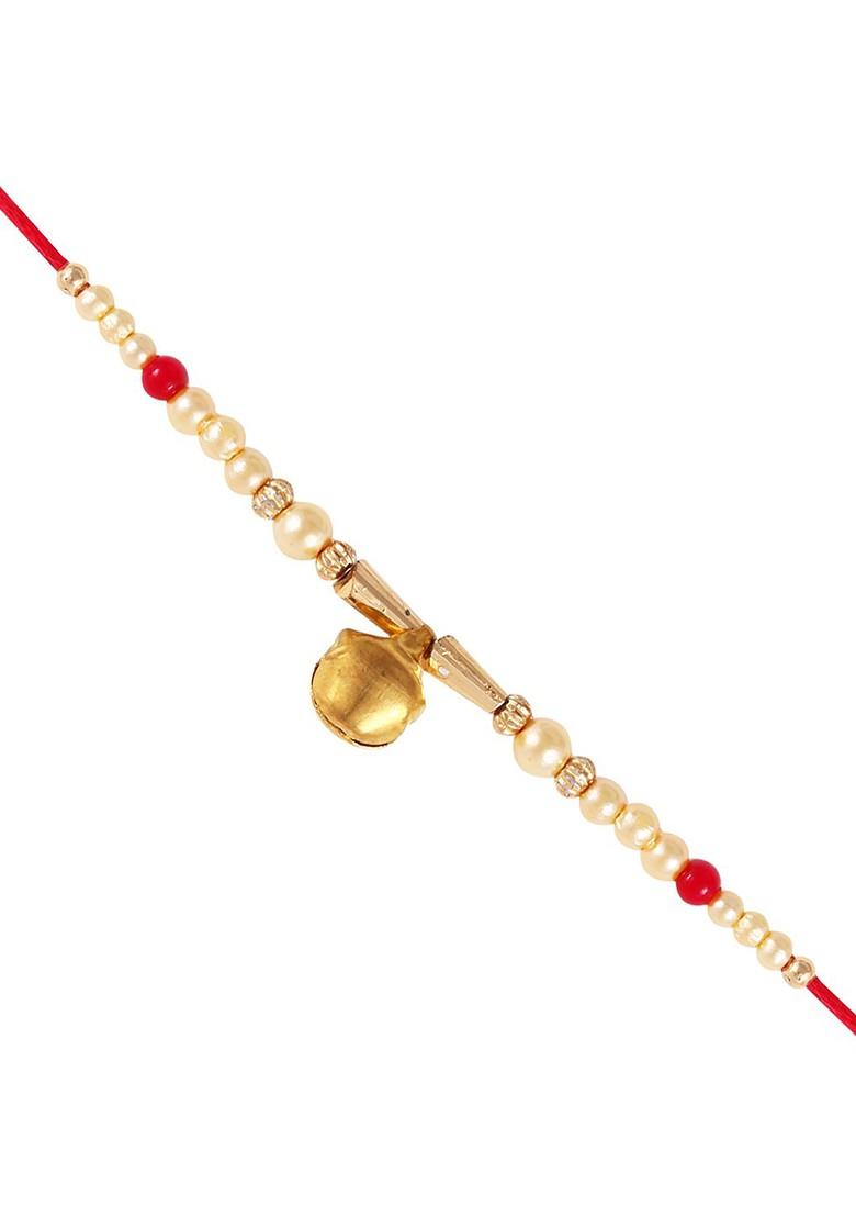 Red Kids Set Of 3 Gold And Rhodium Plated Fancy Pearls Rudraksha Thread Rakhis