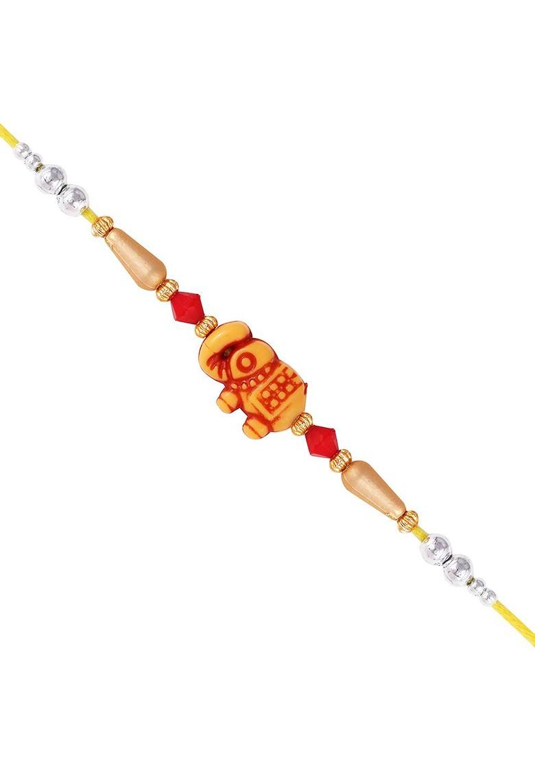 Red Kids Set Of 3 Gold And Rhodium Plated Fancy Pearls Rudraksha Thread Rakhis
