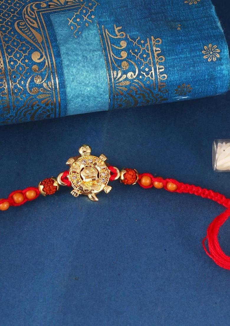 Red Mens  Gold And Rhodium Plated Cz Stone Tortoise Thread Rakhi