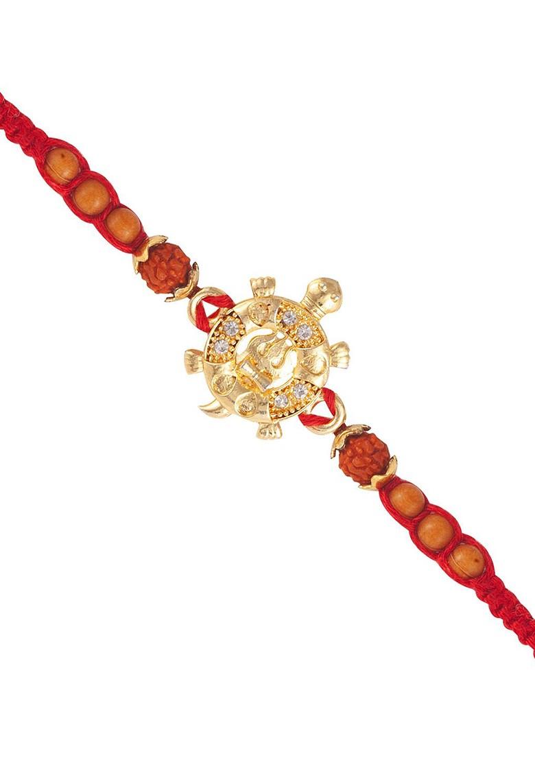 Red Mens  Gold And Rhodium Plated Cz Stone Tortoise Thread Rakhi