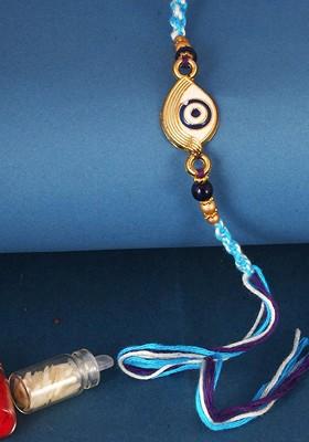 Blue Mens  Gold And Rhodium Plated Evil Eye Thread Rakhi