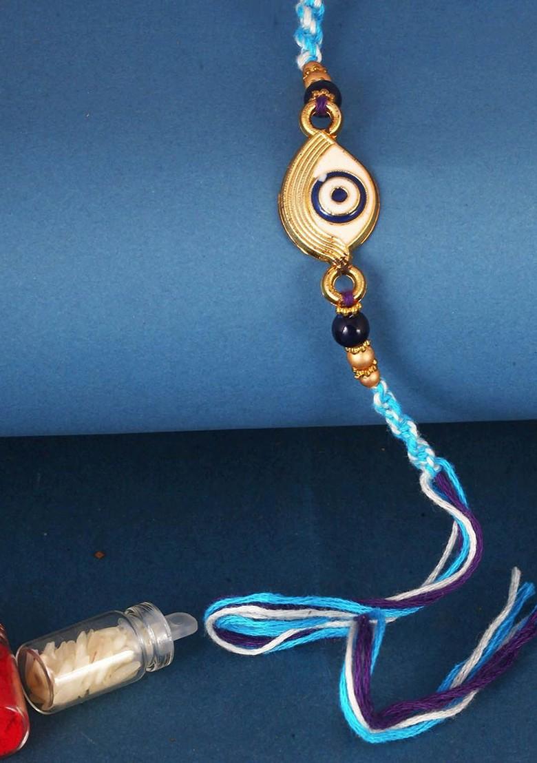 Blue Mens  Gold And Rhodium Plated Evil Eye Thread Rakhi