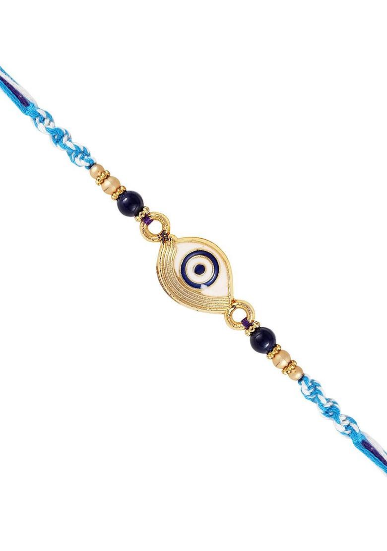 Blue Mens  Gold And Rhodium Plated Evil Eye Thread Rakhi