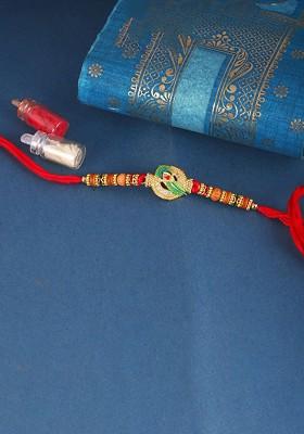 Red Mens  Gold And Rhodium Plated Mayur Pankh Peacock Thread Rakhi