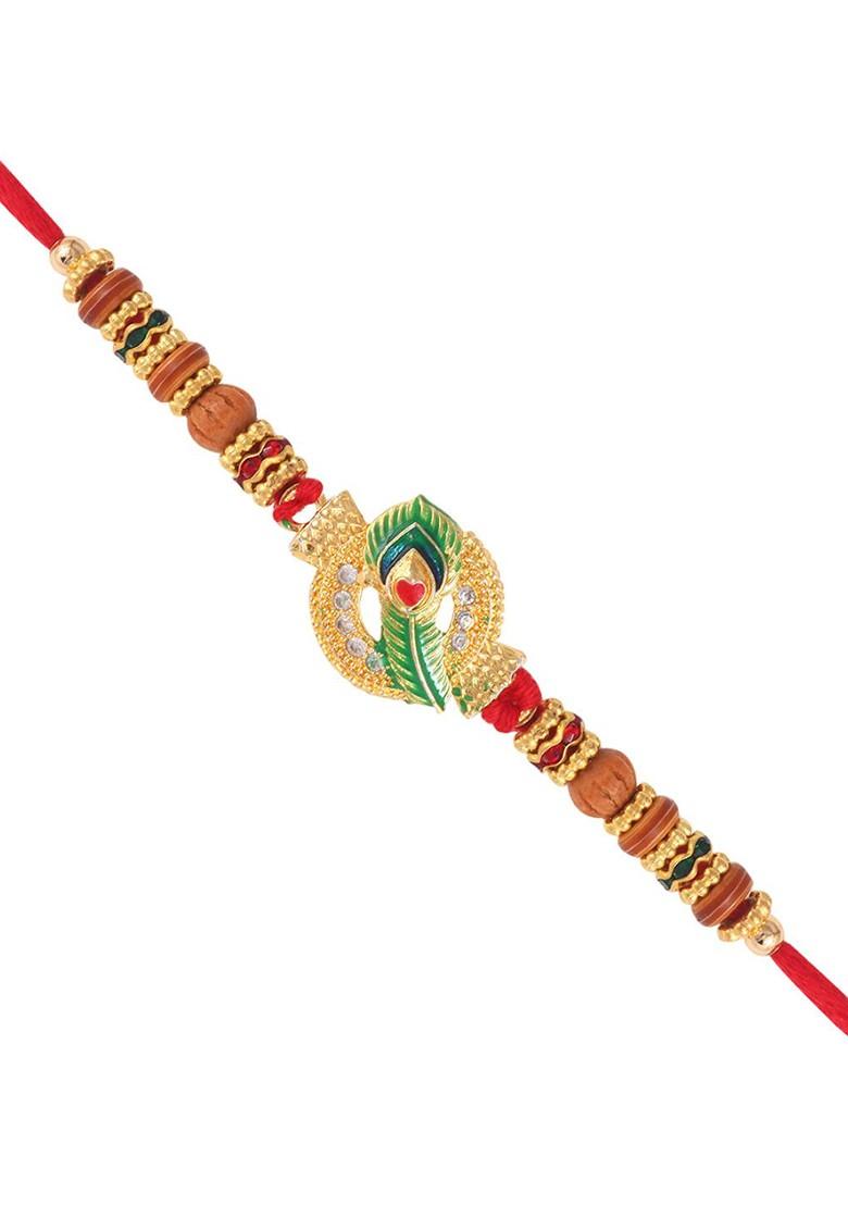 Red Mens  Gold And Rhodium Plated Mayur Pankh Peacock Thread Rakhi