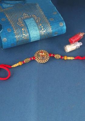 Gold Mens  Gold And Rhodium Plated Stones Studded Lotus Thread Rakhi