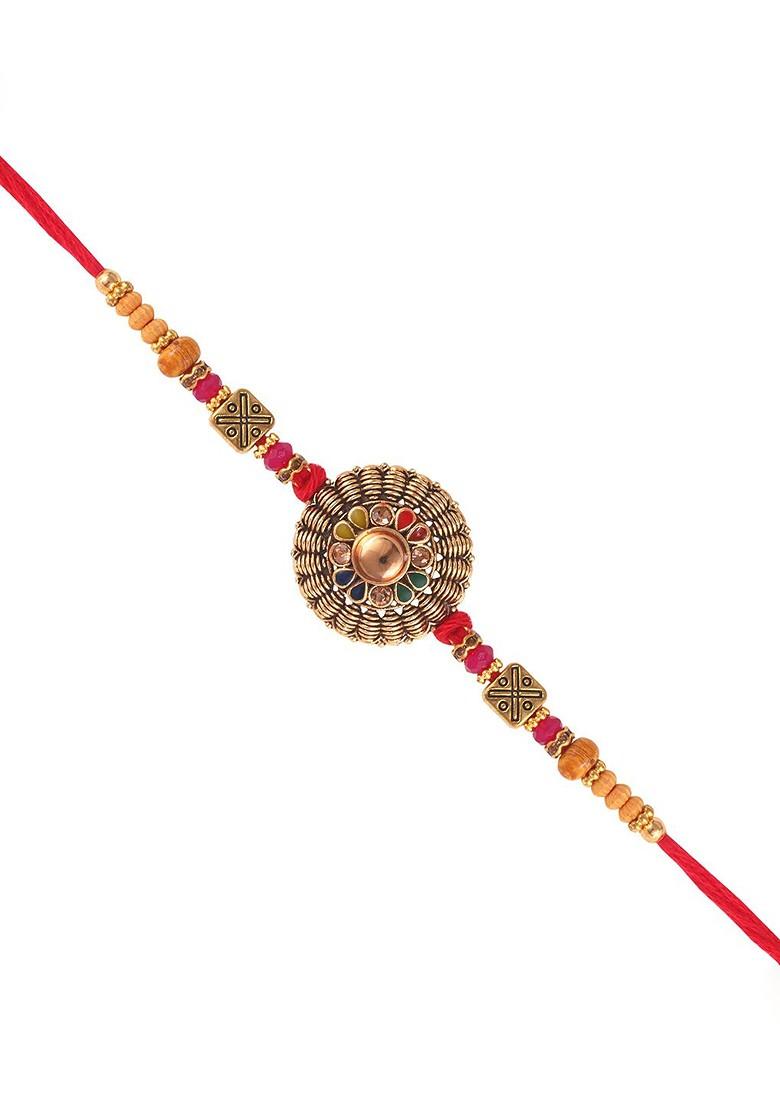 Gold Mens  Gold And Rhodium Plated Stones Studded Lotus Thread Rakhi