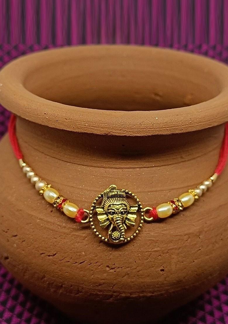 Gold Mens  Rhodium Plated Lord Ganesha Charm Tie Up Rakhi