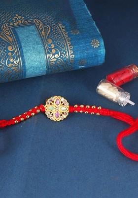 Red Kids Set Of 3 Gold And Rhodium Plated Pearls Beaded And Rudraksha Thread Rakhis