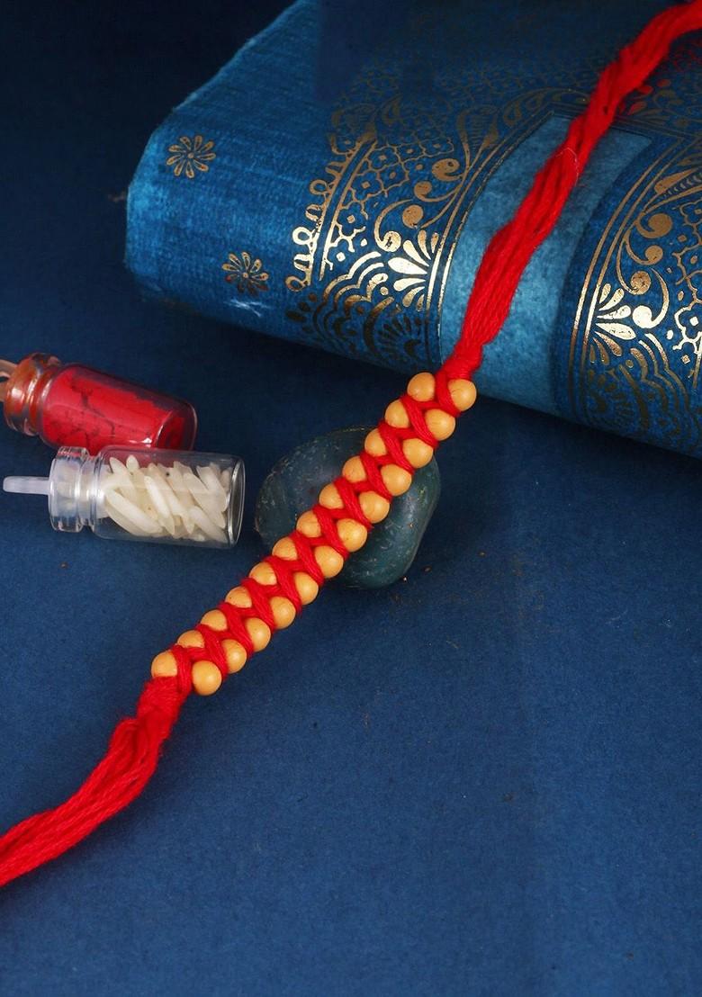 Red Kids Set Of 3 Gold And Rhodium Plated Pearls Beaded And Rudraksha Thread Rakhis