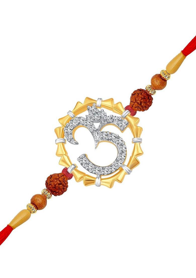 Gold And Rhodium Plated Cz Studded And Beaded Om With Damru Rakhi For Women