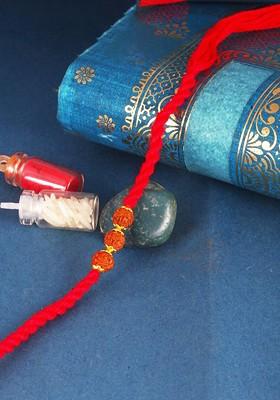 Red Kids Set Of 3 Gold And Rhodium Plated Fancy Pearls Rudraksha Thread Rakhis