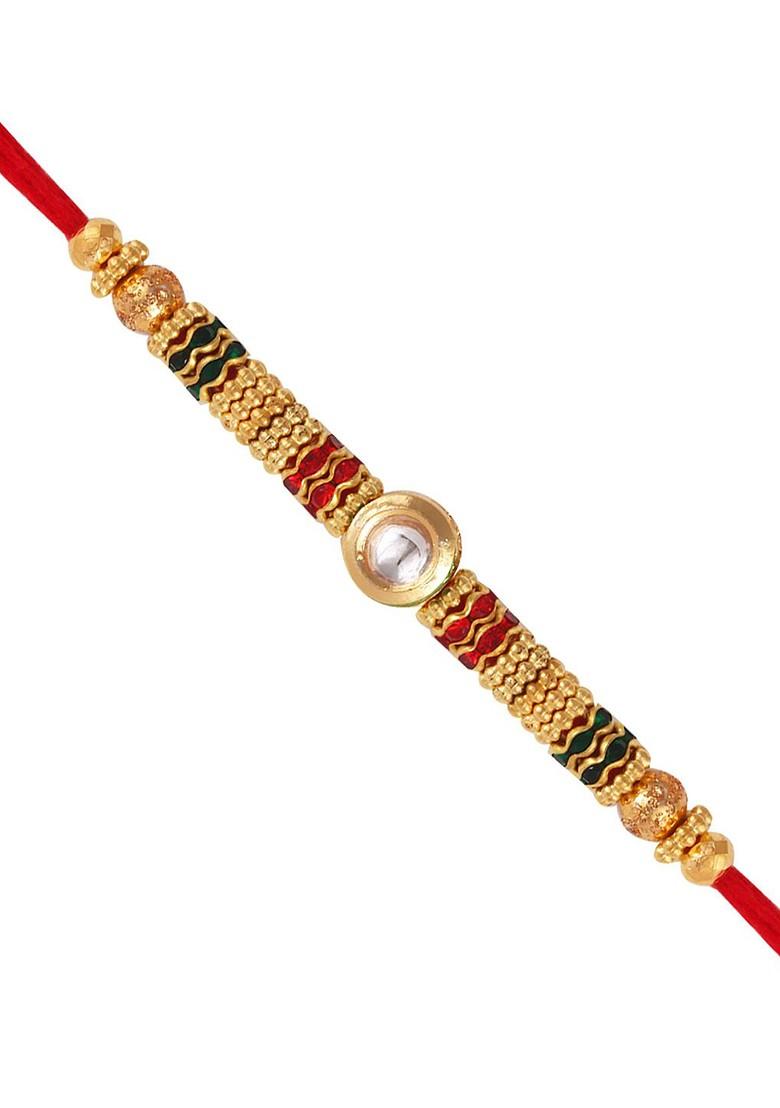 Red Kids Set Of 3 Gold And Rhodium Plated Fancy Pearls Rudraksha Thread Rakhis