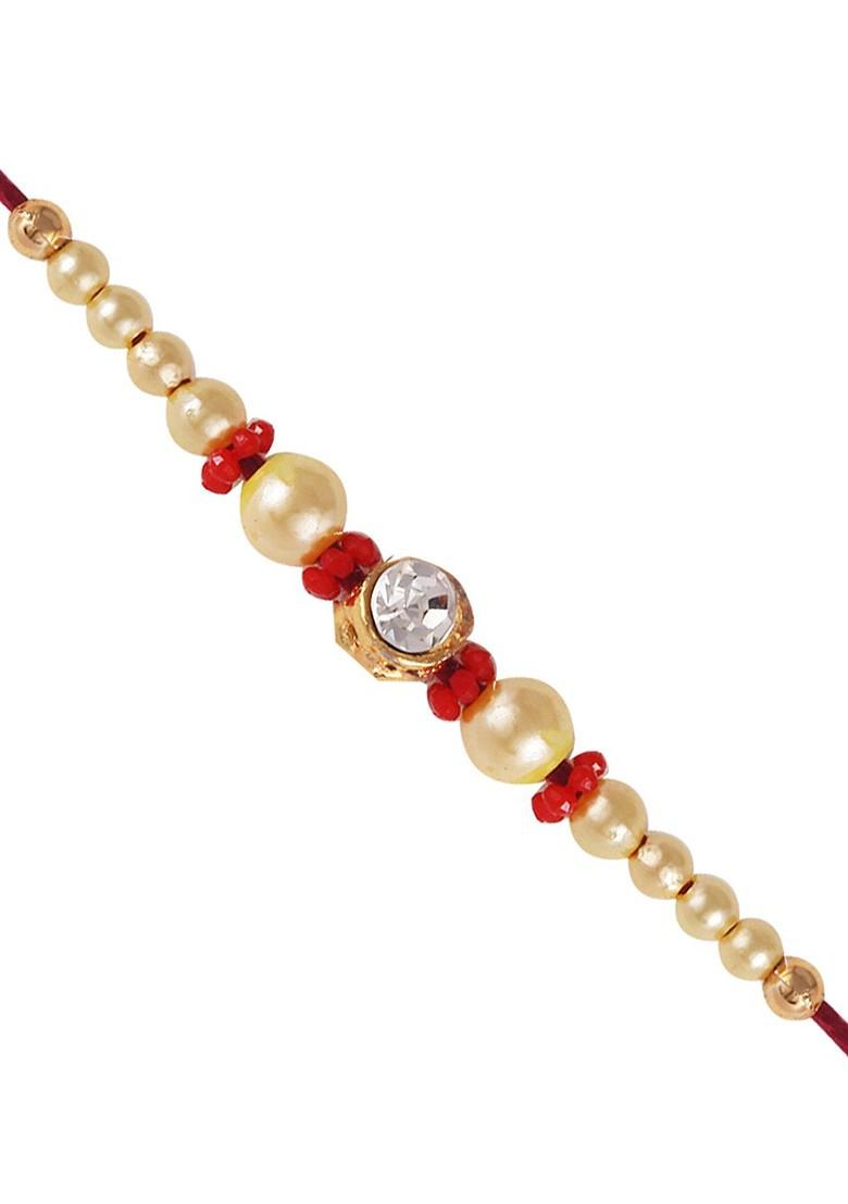 Red Kids Set Of 3 Gold And Rhodium Plated Fancy Pearls Rudraksha Thread Rakhis