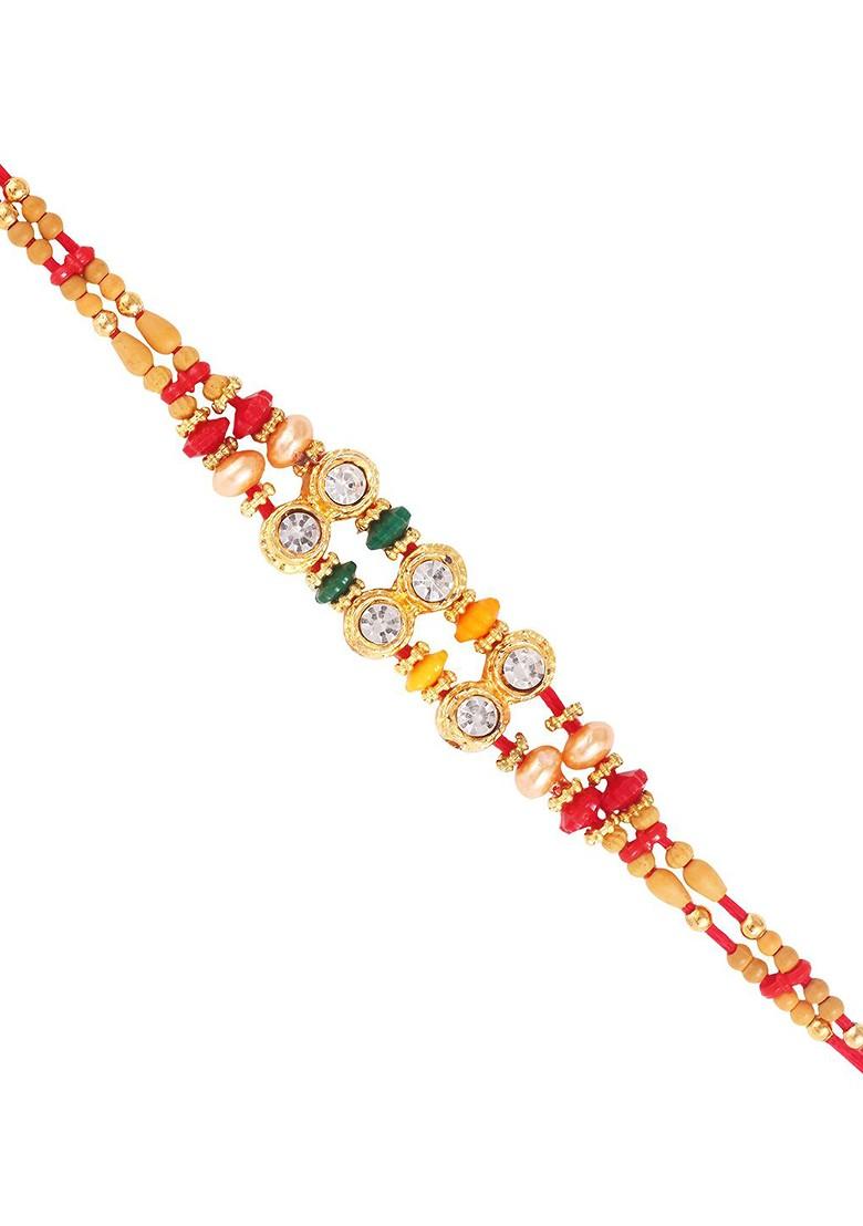 Red Gold And Rhodium Plated Cubic Zirconia Studded Thread Rakhi For Women