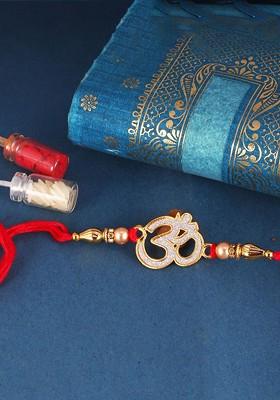 Gold Set Of 2 Gold And Rhodium Plated Om And Khanda Thread Rakhis For Women