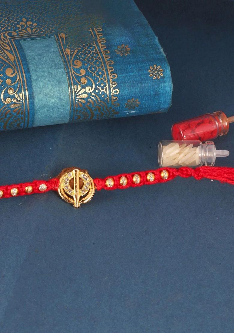 Gold Set Of 2 Gold And Rhodium Plated Om And Khanda Thread Rakhis For Women