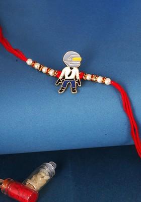 Red Mens  Gold And Rhodium Plated Pub G Thread Rakhi