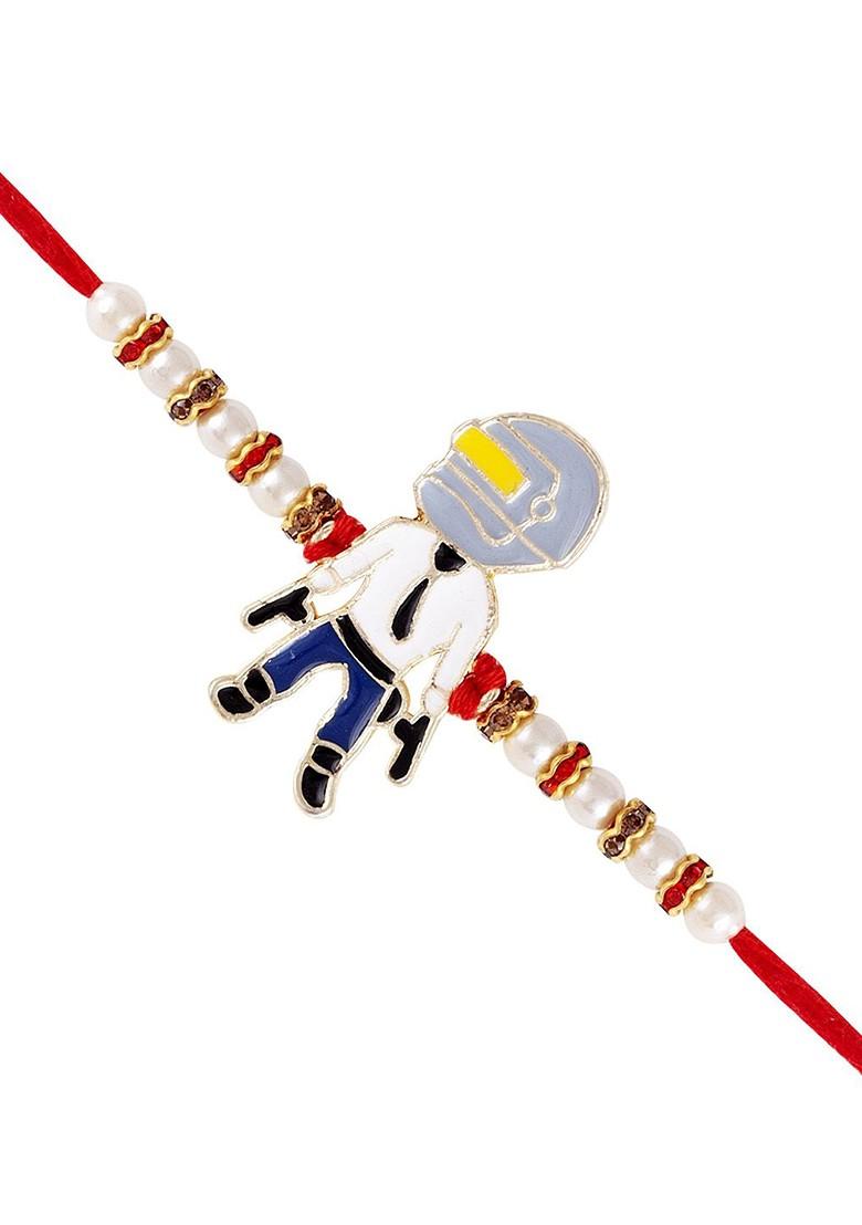 Red Mens  Gold And Rhodium Plated Pub G Thread Rakhi