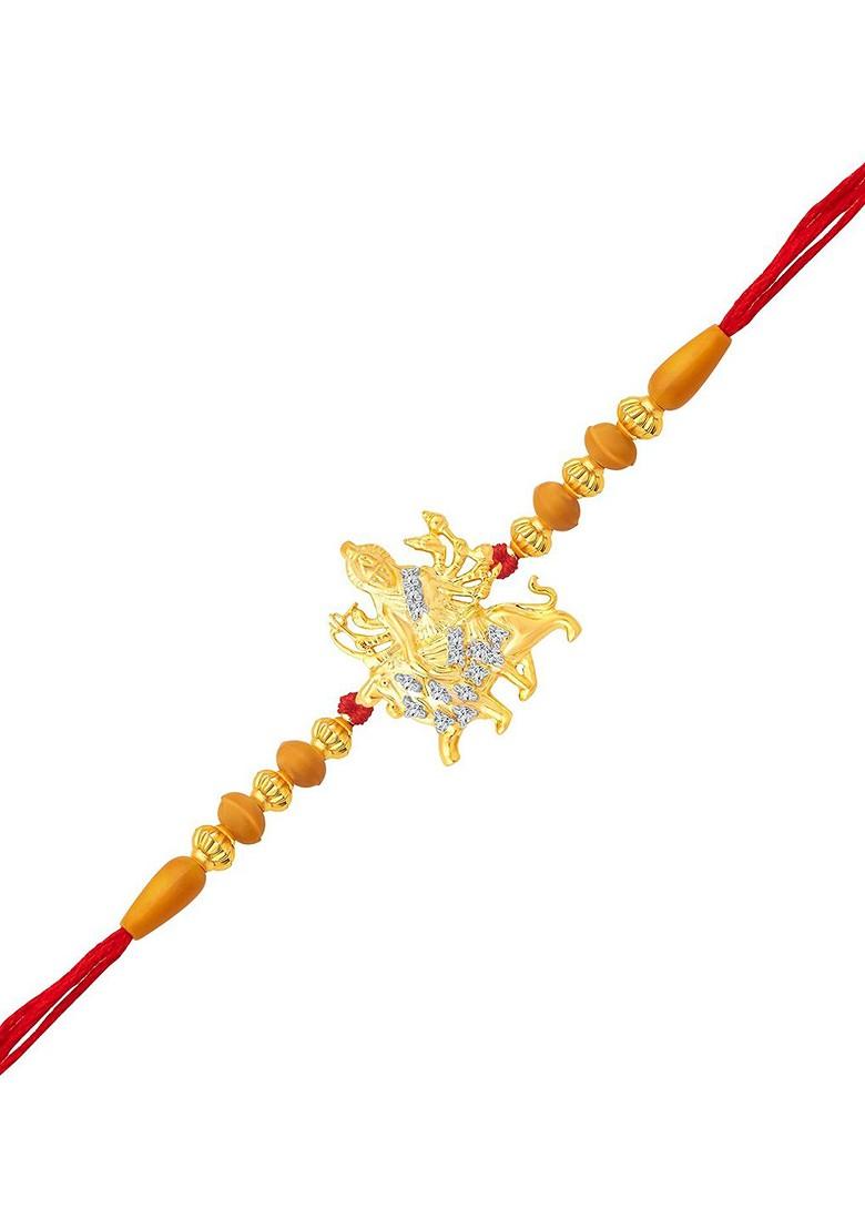 Gold Men Gold Plated And Rhodium Plated Cz Studded Jai Ambe Mata Rakhi