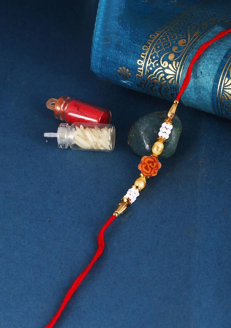 Red Kids Set Of 3 Gold And Rhodium Plated Pearls Beaded Thread Rakhis