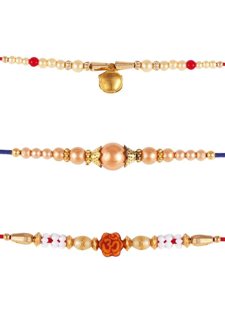 Red Kids Set Of 3 Gold And Rhodium Plated Pearls Beaded Thread Rakhis