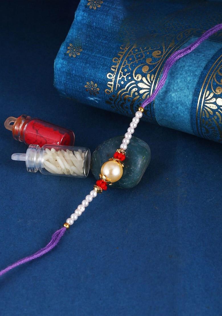 Red Kids Set Of 3 Gold And Rhodium Plated Fancy Pearls Beaded Thread Rakhis