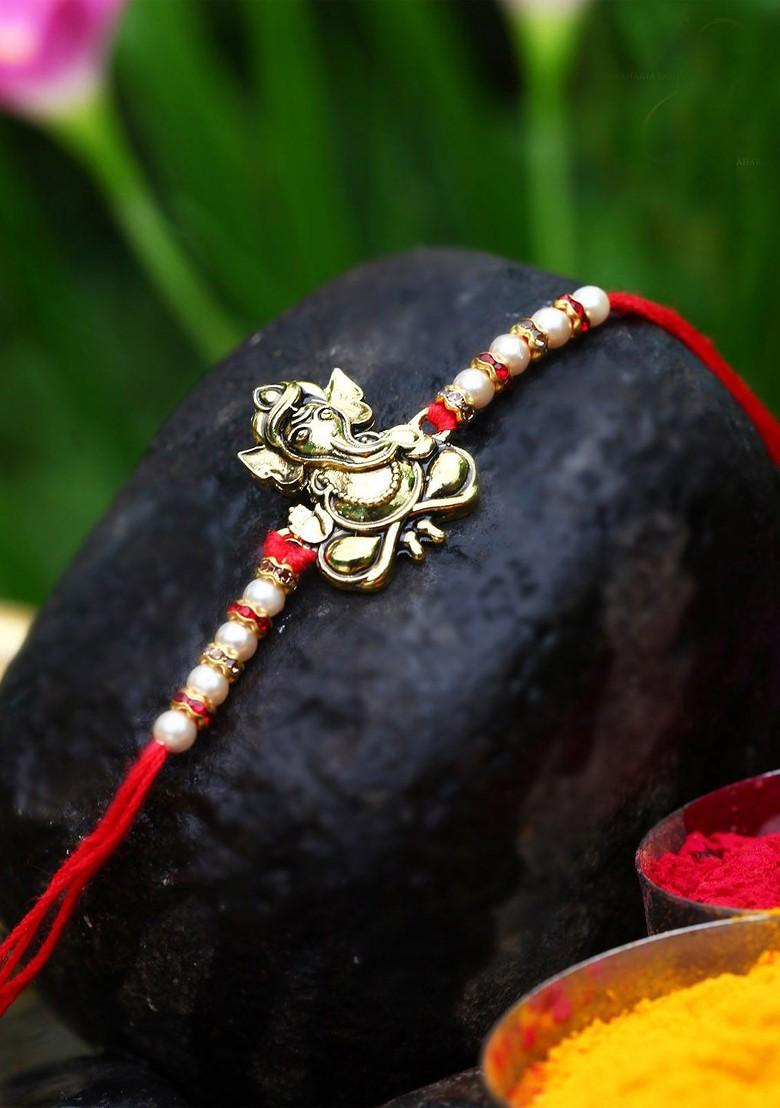 Gold Set Of 2 Men Hanuman Ganesh Religious Charm Detail Rakhi