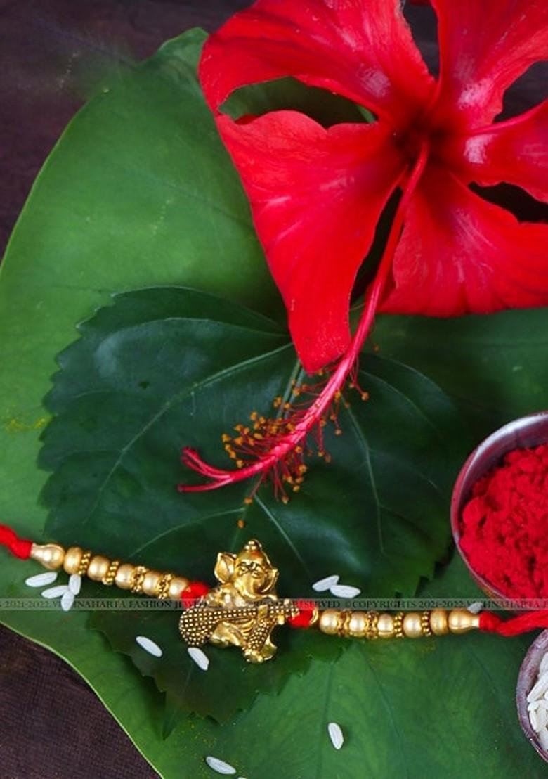 Gold Set Of 2 Ganpati Religious Charm Detail Rakhi For Women
