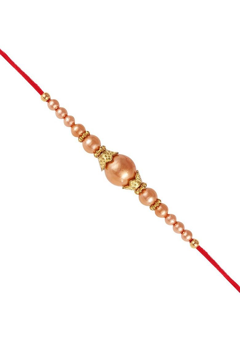 Red Kids Set Of 3 Gold And Rhodium Plated Fancy Pearls Thread Rakhis
