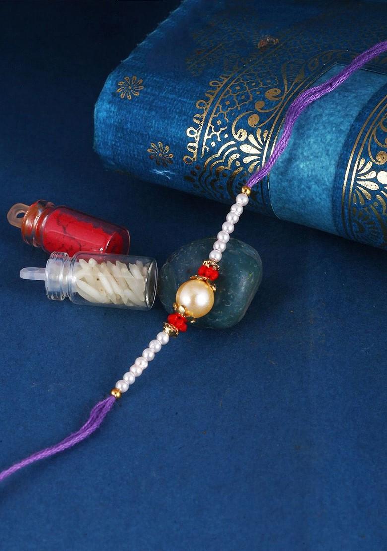 Red Kids Set Of 3 Gold And Rhodium Plated Fancy Pearls Thread Rakhis