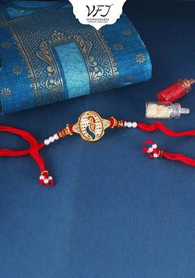 Red Mens  Gold And Rhodium Plated Mayur Pankh Peacock Thread Rakhi