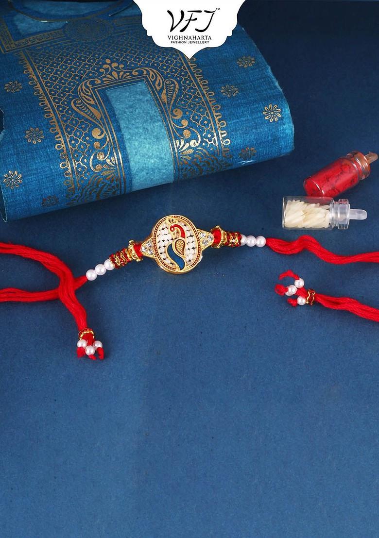 Red Mens  Gold And Rhodium Plated Mayur Pankh Peacock Thread Rakhi