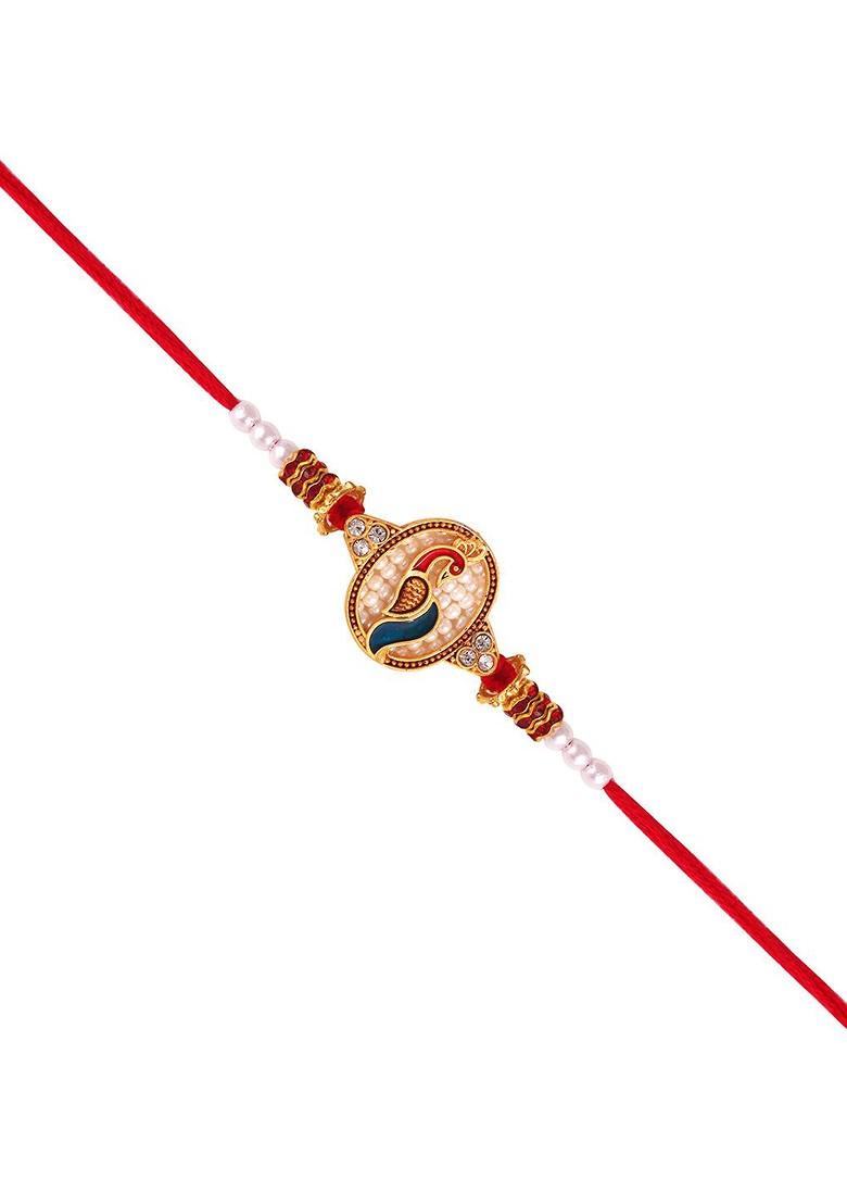 Red Mens  Gold And Rhodium Plated Mayur Pankh Peacock Thread Rakhi