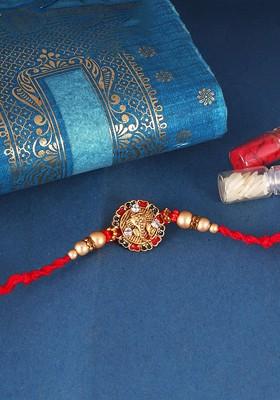 Red Kids Set Of 3 Gold And Rhodium Plated Ganesh Mayur And Peacock Thread Rakhis