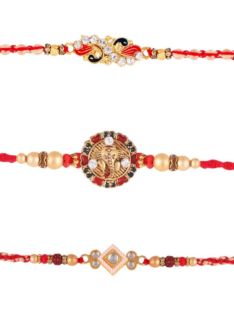 Red Kids Set Of 3 Gold And Rhodium Plated Ganesh Mayur And Peacock Thread Rakhis